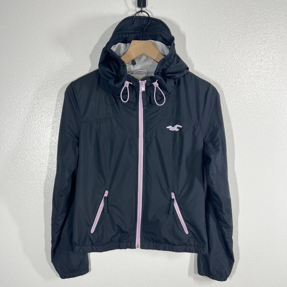 Hollister Hooded Windbreaker Jacket Medium Women Black Lightweight Casual Zip Up